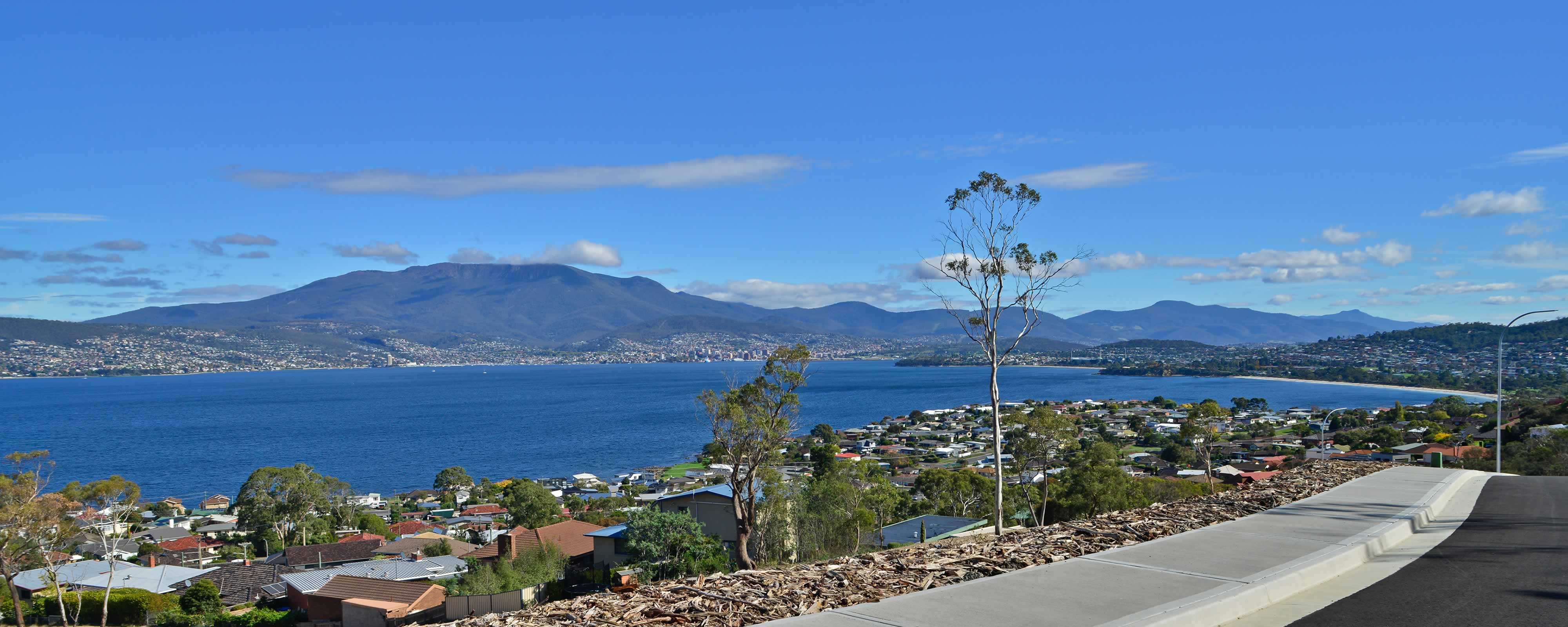 Daytime view from Tunah Street across the River Derwent looking towards kunanyi / Mount Wellington. Photo: Owen Fielding.